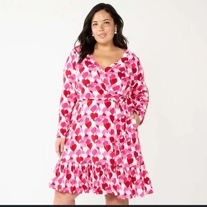 Draper James RSVP Heart Print Long Sleeve Faux Wrap Tiered Dress, New with Tags